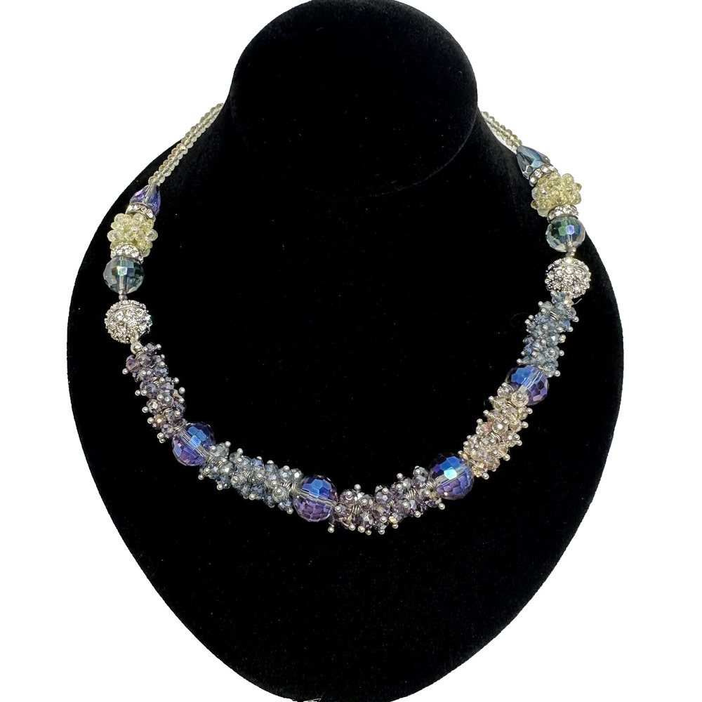 Vintage Crystal Beaded Cluster Necklace AB Beads Chunky Stretch Magnetic Clasp